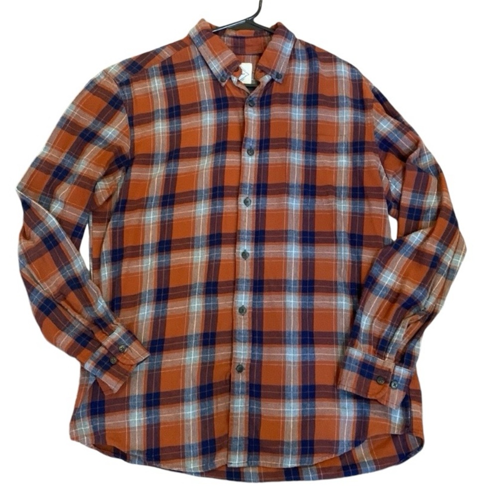 St John’s Bay Orange & Blue Cotton Plaid Button Down Flannel Shirt Men’s Sz Med